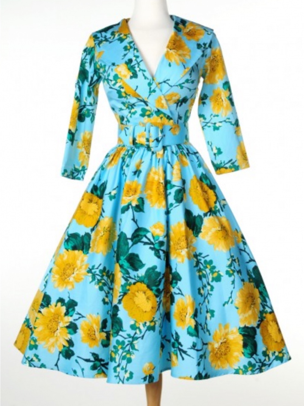 Pinup Couture Vintage-Inspired Blue & Yellow Floral Fit-and-Flare Dress, Size 2X